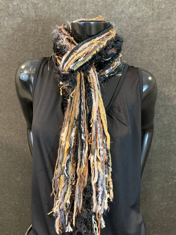 Lightweight handmade short Fringie scarf, all fringe yarn scarf, boho fiber scarf, ribbon necklace, boho accessory, black rust scarves