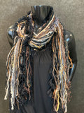 Lightweight handmade short Fringie scarf, all fringe yarn scarf, boho fiber scarf, ribbon necklace, boho accessory, black rust scarves