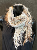 Fringie Yarn Scarf in winter white, taupe cream Beige white Knotted handmade long Scarf, boho fashion, ribbon scarf, fringe scarf