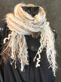 Fringie Yarn Scarf in winter white, taupe cream Beige white Knotted handmade long Scarf, boho fashion, ribbon scarf, fringe scarf