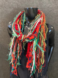 Christmas Scarf, Naughty List Scarf, Fringie art yarn and ribbon scarf for Christmas with cheetah print abstract ribbon, Ugly sweater scarf