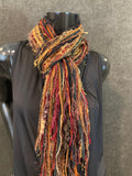 Fringie scarf in Autumn shades, Fringe Scarf, Handmade art yarn scarf in red orange, bohemian, boho chic, maroon wine rust brown