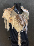 Luxury knit art yarn couture fringe cowl with charms, Indie capulet, funky fashion, bohemian handmade cowl, beige shoulder wrap