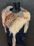 Luxury knit art yarn couture fringe cowl with charms, Indie capulet, funky fashion, bohemian handmade cowl, beige shoulder wrap