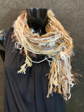 Fringie Yarn Scarf in winter white, tan cream Beige Knotted handmade long Scarf, boho fashion, ribbon scarf, fringe scarf