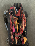 Lightweight bohemian eco/friendly red purple black gold artisan Scarf, Shreds Fringie scarf, funky clothing, Stevie nicks style
