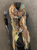 Lightweight olive, green brown Boho fabric plus art yarn Scarf, Shreds Fringie yarn scarf, fiber scarf, street style scarf, refashion
