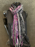 Handmade art yarn fringe scarf with art yarns , Fringie scarf in purple black gray , women gift, boho accessory, vibrant color scarf
