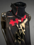 Upcycled couture neck cowl scarf in red black gold, boho chic refashion scarves, plaid neckwarmer