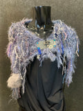 Luxury knit artisan fringe cowl with snaps, Indie capulet, bohemian inspired fashion, handmade shoulder wrap gray lavendar blue fur wrap