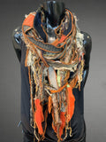 Lightweight olive, rust brown Boho fabric plus art yarn Scarf, Shreds Fringie yarn scarf, fiber scarf, street style scarf, refashion