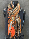 Lightweight olive, rust brown Boho fabric plus art yarn Scarf, Shreds Fringie yarn scarf, fiber scarf, street style scarf, refashion