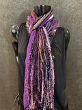 Handmade Boho Indie style art scarf,  purple black beige fringe scarf, Fringie scarf, women gift, accessory bohemian inspired