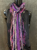 Handmade Boho Indie style art scarf,  purple black beige fringe scarf, Fringie scarf, women gift, accessory bohemian inspired