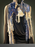 Fringed artistic knit scarf, blue tan Bohemian inspired , alpaca knit scarf, artisan scarves, scrappy knit luxury scarf