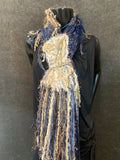 Fringed artistic knit scarf, blue tan Bohemian inspired , alpaca knit scarf, artisan scarves, scrappy knit luxury scarf