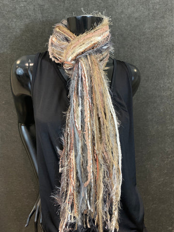 Lightweight handmade long scarf, Neutral scarf, Fringie yarn scarf, Artsy fiber fringe scarf, boho accessory, beige scarves, tribal scarves