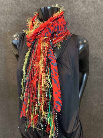Christmas Scarf, Naughty List Scarf, Fringie art yarn and ribbon scarf for Christmas with cheetah print abstract ribbon, Ugly sweater scarf