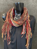 Art yarn Fringie Boho scarf in burgundy olive rust fall color Multitextural Bohemian or Tribal scarf, autumn color scarf, women gifts