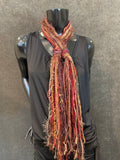 Art yarn petite Fringie Boho scarf in burgundy brown rust fall color Multitextural Bohemian or Tribal scarf, autumn color scarf, women gifts