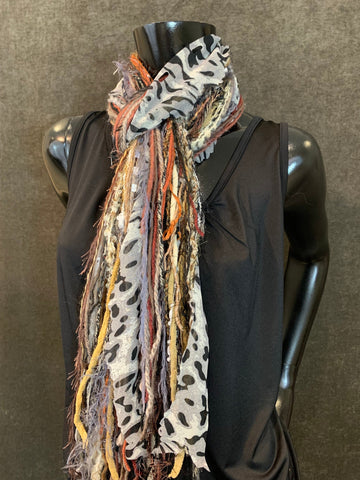Grey Cheetah print scarf - Fringe Scarf - Multitextural handmade fringe scarf, beige, pink, grey cheetah print, boho chic scarf, fur fashion