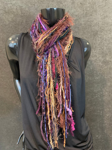 Handmade Boho Indie style art scarf,  purple brown blue fringe scarf, Fringie boho inspired scarf women gift, accessory bohemian