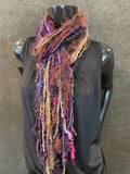 Handmade Boho Indie style art scarf,  purple brown blue fringe scarf, Fringie boho inspired scarf women gift, accessory bohemian