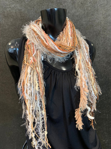 Handmade Boho Indie style art scarf,  cream peach rust color fringe scarf, Fringie scarf, women gift, accessory bohemian, ribbon necklace