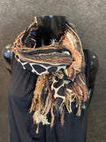 Unique handmade yarn Fringie scarf, black tan animal print scarf, Giraffe print fiber scarf, ribbon necklace, boho accessory, artisan scarf