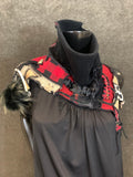 Upcycled couture neck cowl scarf in red black gold, boho chic refashion scarves, plaid neckwarmer