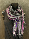 Handmade art yarn fringe scarf with art yarns , Fringie scarf in purple black gray , women gift, boho accessory, vibrant color scarf