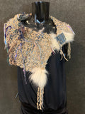 Luxury knit artisan fringe cowl with snaps, Indie capulet, bohemian inspired fashion, handmade shoulder wrap cream with blue purple