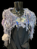 Luxury knit artisan fringe cowl with snaps, Indie capulet, bohemian inspired fashion, handmade shoulder wrap gray lavendar blue fur wrap