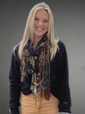Boho blue jean Scarf, Artisan fiber fringe scarf, tribal scarves, deconstructed fashion