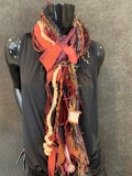 Lightweight maroon rust gold fabric plus art yarn Scarf, Shreds Fringie yarn scarf, funky refashion clothing
