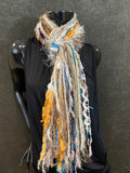 Fringie Yarn Scarf, Ribbon Fringe Scarf, Fringie in aqua beige yellow, funky messy scarf, ribbon boho scarves