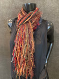 Fringie scarf in Autumn shades, Fringe Scarf, Handmade art yarn scarf in red orange olive bohemian, boho chic, tribal fashion