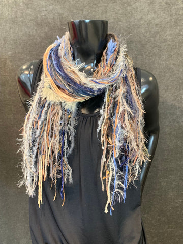 Art yarn scarf, Fringie in blue cream rust, Fringe Scarf, Multitextural fringe scarf, boho chic style, funky scarf, tribal