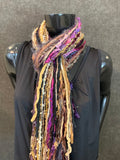 Handmade Boho Indie style art scarf,  purple beige black fringe scarf, Fringie boho inspired scarf women gift, accessory bohemian