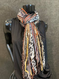 Grey Cheetah print scarf - Fringe Scarf - Multitextural handmade fringe scarf, beige, pink, grey cheetah print, boho chic scarf, fur fashion