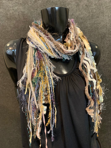 Art yarn scarf, Fringie in jewel tones, purple aqua taupe Boho Fringe Scarf, Multitextural fringe scarf in boho chic, funky scarf