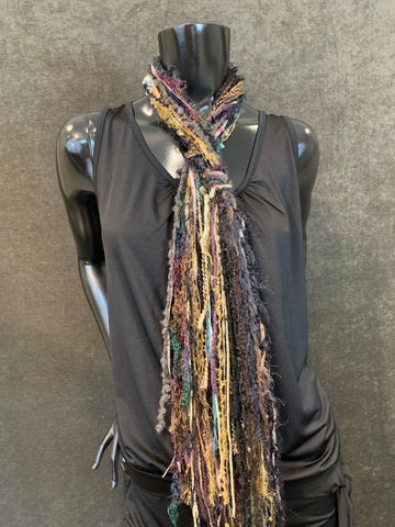 Fringie art Yarn Scarf, Knotted handmade art Scarf in  purple black blue golden shades, indie scarf, boho accessories, short scarf