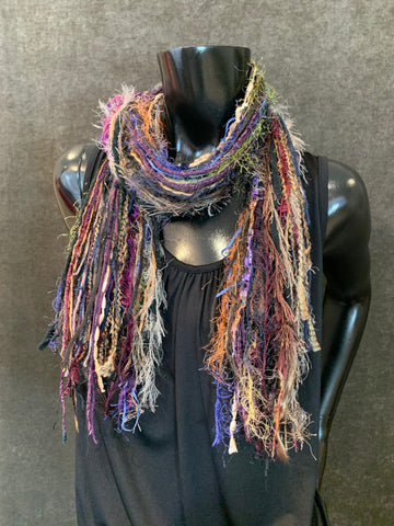 Fringie art Yarn Scarf, Knotted handmade art Scarf in rustic rainbow and black shades, indie scarf, boho accessories, short scarf