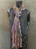 Fringie art Yarn Scarf, Knotted handmade art Scarf in rustic rainbow and black shades, indie scarf, boho accessories, short scarf
