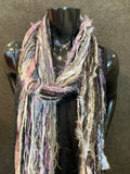 Handmade art yarn XL fringe scarf with art yarns , Fringie scarf in labendar purple gray , women gift, boho accessory, faux fur soft scarf