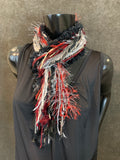 Fringie scarf in red black white, Fringe Scarf, Handmade art yarn scarf, art yarn, bohemian, WI Badgers scarf