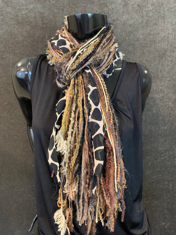 Unique handmade yarn Fringie scarf, black tan animal print scarf, Giraffe print fiber scarf, ribbon necklace, boho accessory, artisan scarf
