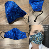 Handmade cotton blue cotton face mask with filter pocket and nose wire, adjustable elastic