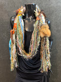 Feather and Leather Fringe Scarf with metal embellishments and leather, art yarn bohemian scarf
