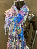 Hand knit ocean aqua purple Scarf, Hand knit Funky scrappy scarf